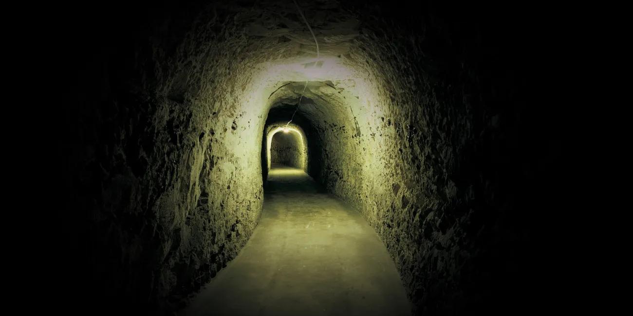 a dark tunnel with an eerie glow from the lights