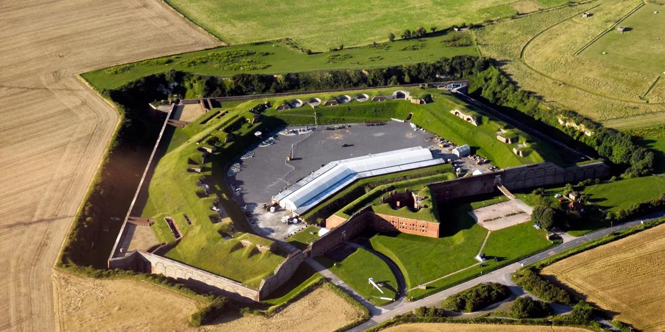 A view of the fort from the air highlighting it's pentagonal shape and the fields that surround it