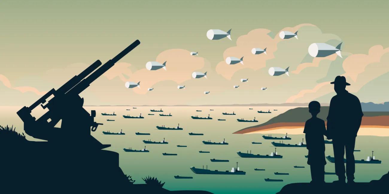 Silhouettes of man and boy standing on cliff top beside an artillery gun looking over a fleet of ships in a bay and barrage balloons above