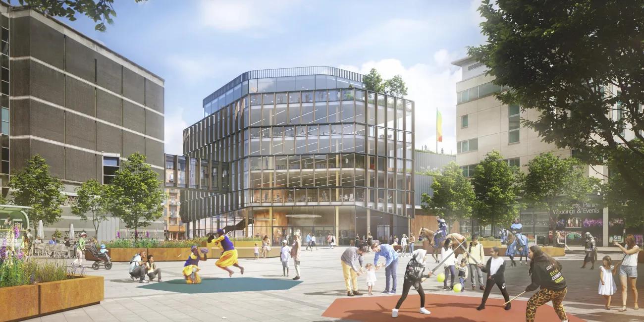 computer generated image of the future exterior of the Royal Armouries with lots of fun activities taking place