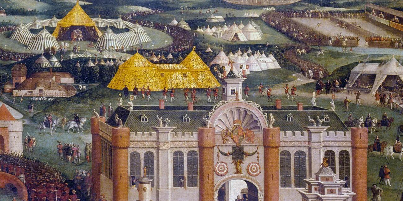 Painting depicting golden tents, jousting and combat arena, set in a green field.