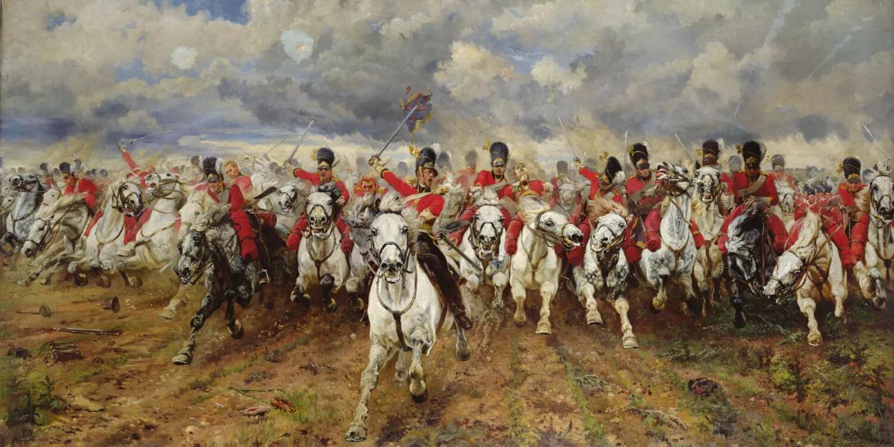 Scotland For Ever! 1881 painting by Lady Butler depicting the start of the cavalry charge of the Royal Scots Greys who charged alongside the British heavy cavalry at the Battle of Waterloo in 1815 during the Napoleonic wars