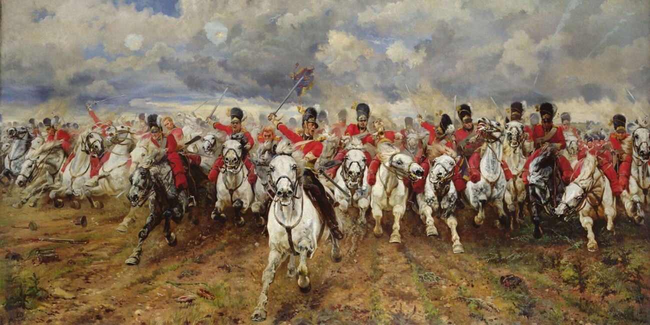Scotland For Ever! 1881 painting by Lady Butler depicting the start of the cavalry charge of the Royal Scots Greys who charged alongside the British heavy cavalry at the Battle of Waterloo in 1815 during the Napoleonic wars