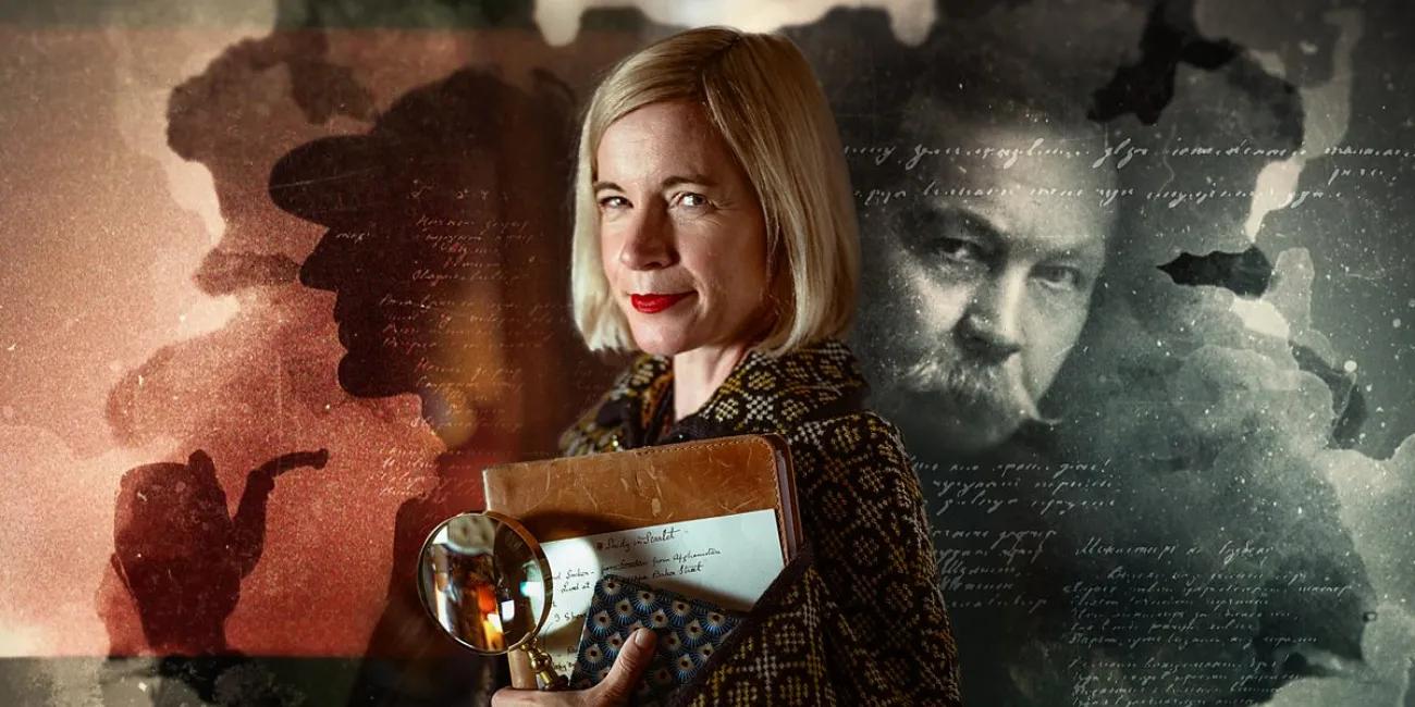 Killing Sherlock documentary header showing Lucy Worsley holding book and magnifying glass alongside a photo of Arthur Conan Doyle