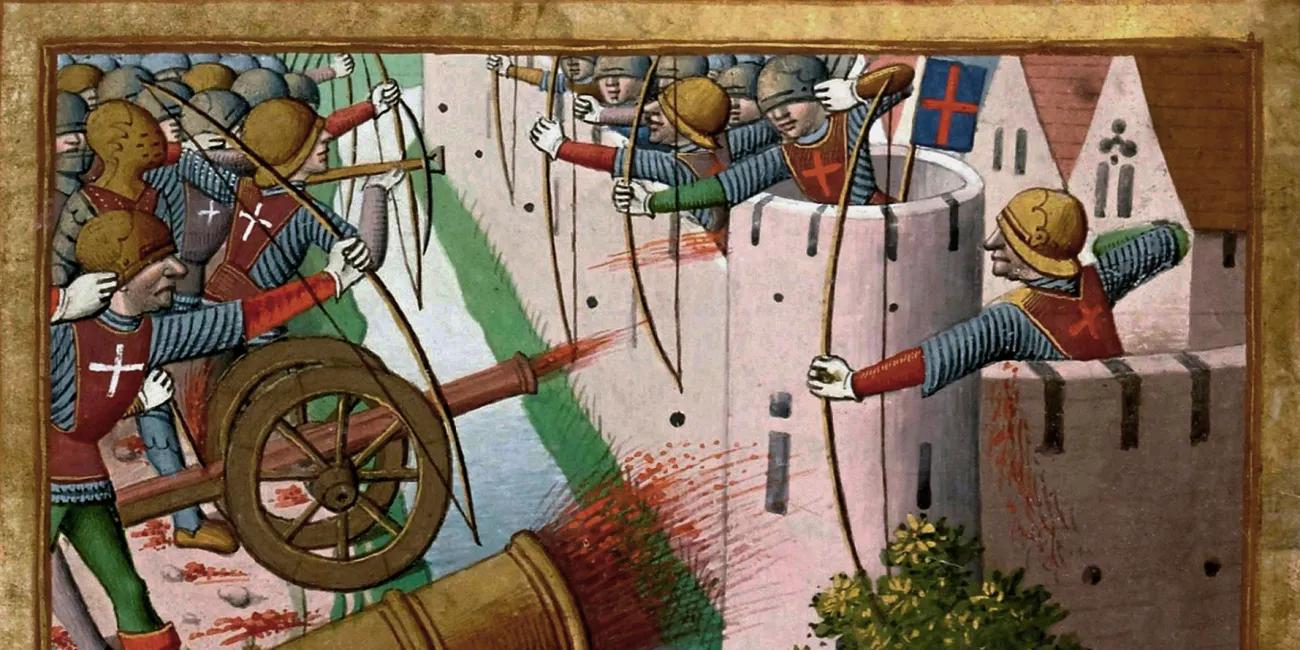 Illustration depicting a medieval siege of a town with attackers and defenders using bows and cannon