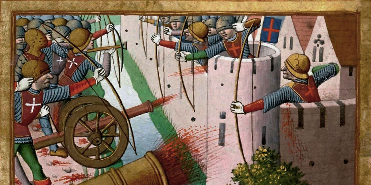 Illustration depicting a medieval siege of a town with attackers and defenders using bows and cannon