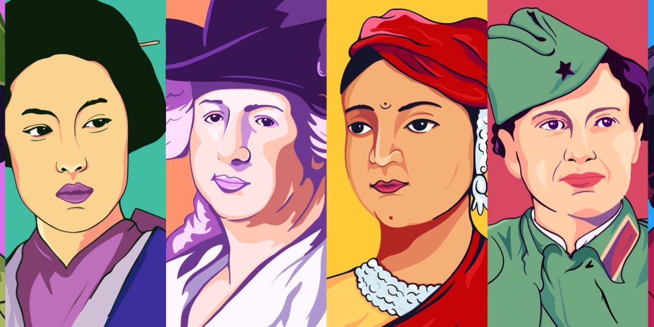 A banner featuring illustrated portraits of the subjects of the podcast series 'Warrior Women'