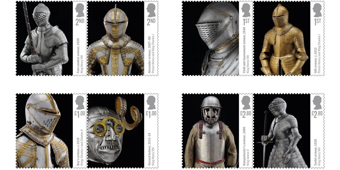 Royal Mail and Royal Armouries stamps. Showing eight stamps featuring armour.