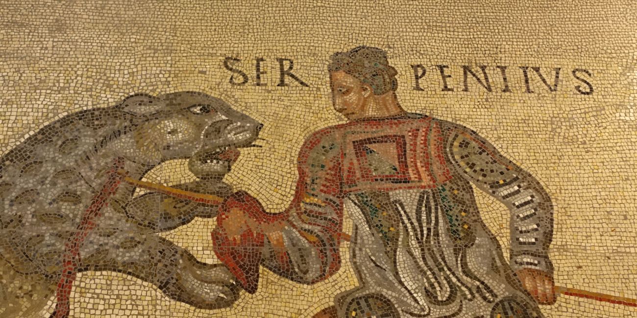 Mosaic depicting man fighting a leopard