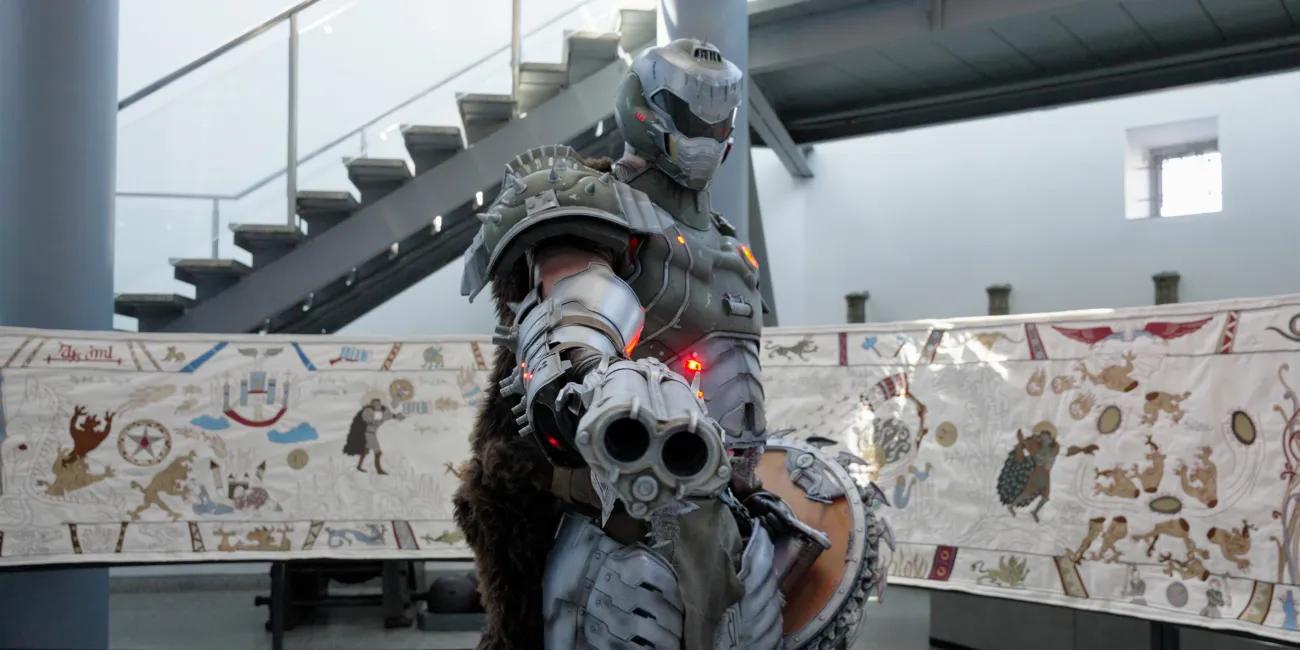 Slayeaux Tapestry in the Hall of Steel to support the launch of DOOM: The Dark Ages