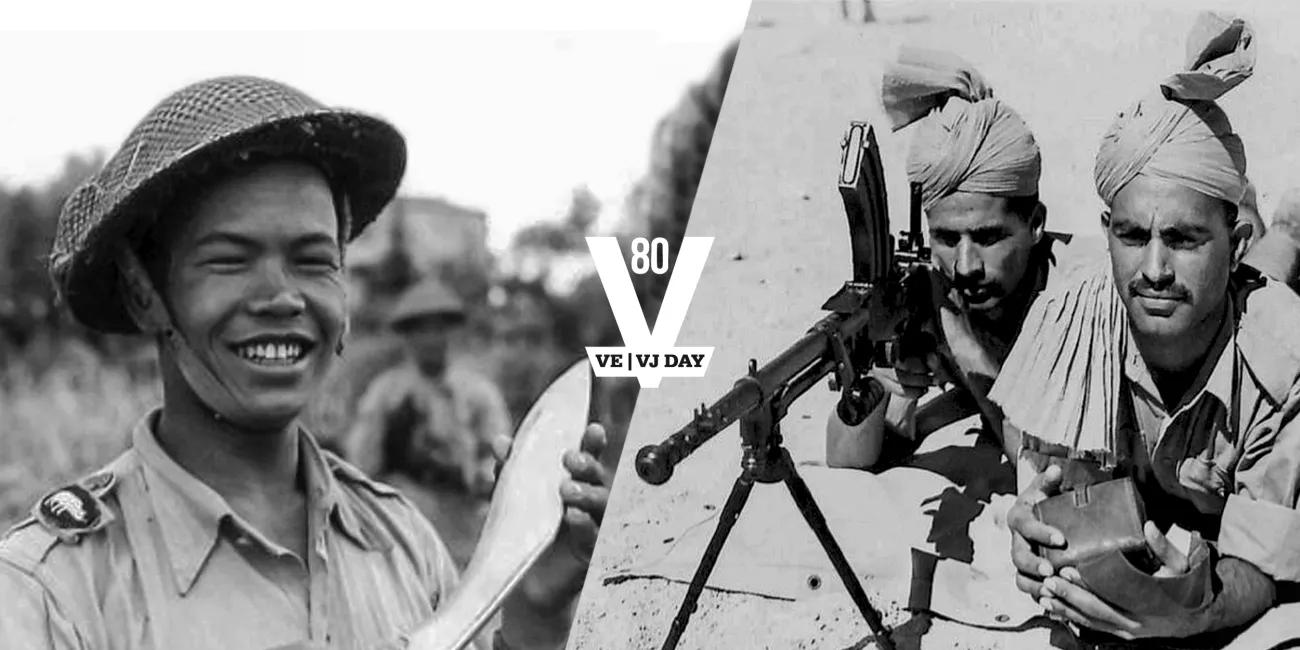 Two photographs showing a Gurkha holding a kukri, 2x Indian soldiers with a machine gun,