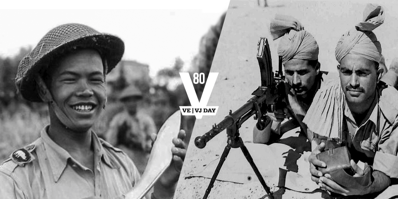 Two photographs showing a Gurkha holding a kukri, 2x Indian soldiers with a machine gun,