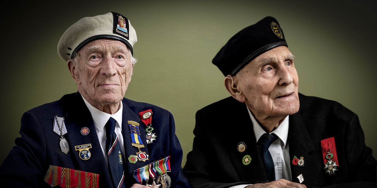 Two Veterans of the Normandy Landings in the Second World War wearing berets and their medals. copyright Matt Sills