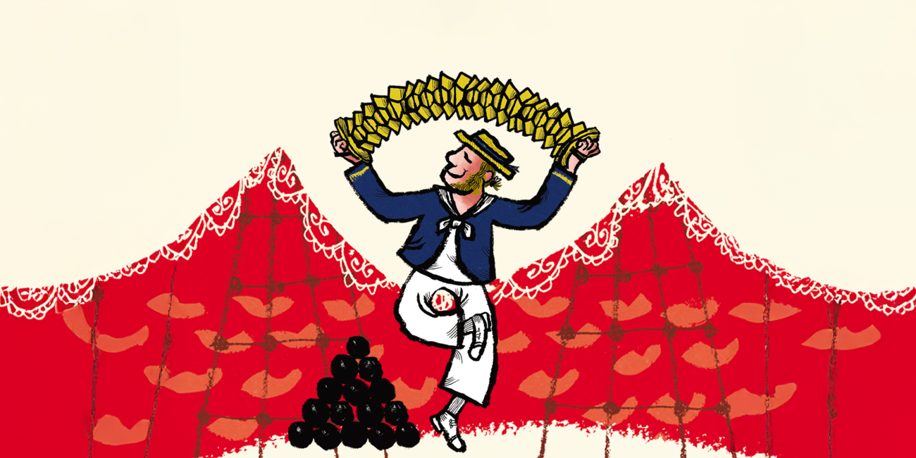 poster for the musical HMS Pinafore showcasing dynamic visuals of a dancing sailor