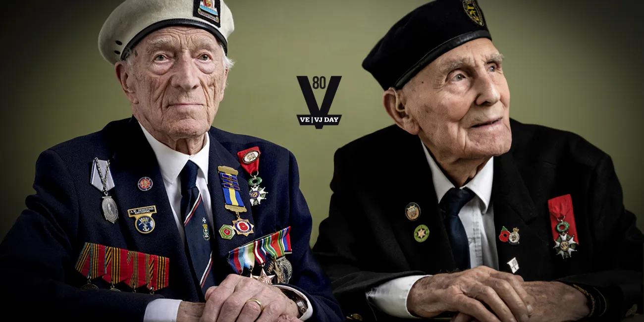Two Veterans of the Normandy Landings in the Second World War wearing berets and their medals. copyright Matt Sills