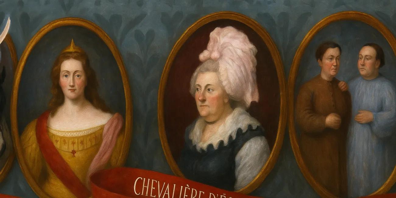 series of three portraits of Empress Elizabeth, Chevaliere D'Eon, and 18th century factory workers