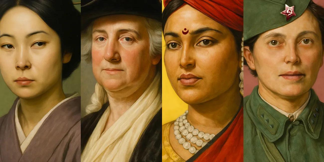 Artist's impression of four warrior women: Nakano Takeko, Chevaliere d'Eon, Lakshmi Bai, Lyudmila Pavlichenko