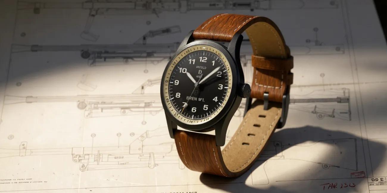 Elliot Brown and Royal Armouries Bren gun watch on top of design drawing