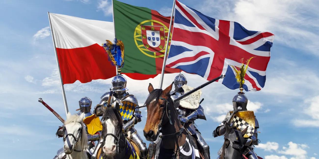Four mounted armoured knights with flags for Poland, Portugal & UK