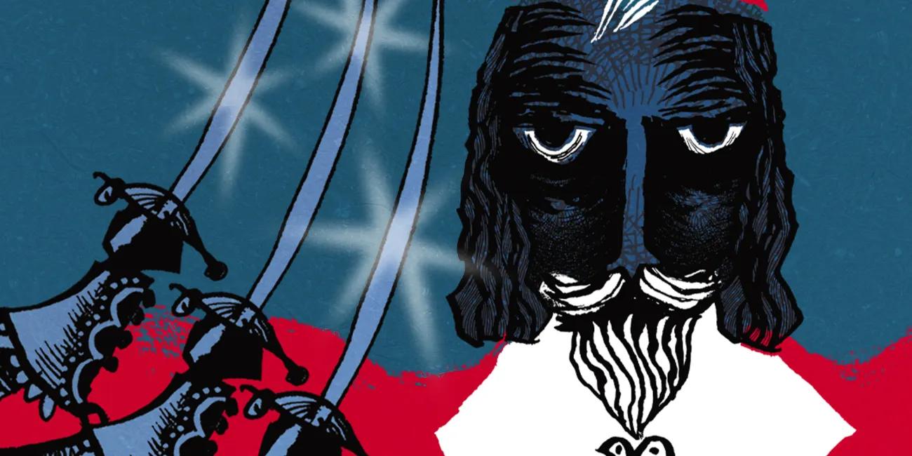 Bold graphic depicting a central character with exaggerated, textured facial features and a feathered cap, set against a blue backdrop with several curved swords raised on the left