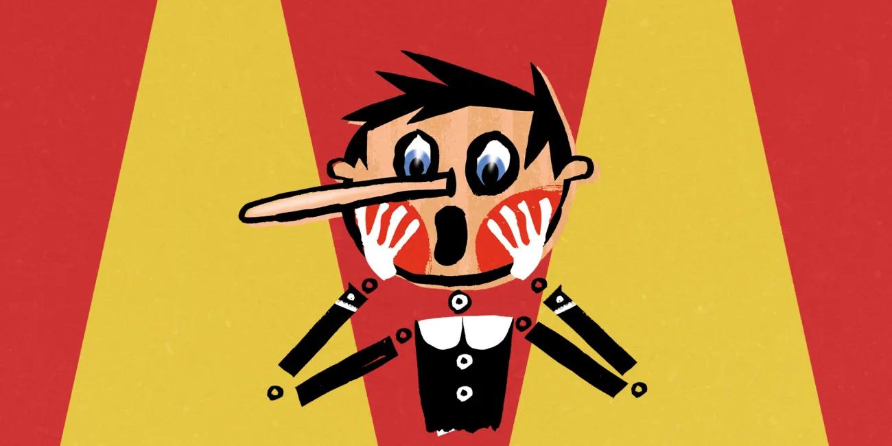 An illustration Pinocchio character with a stretched nose and open mouth, dressed in a black outfit with white buttons, framed by alternating red and yellow vertical bands.