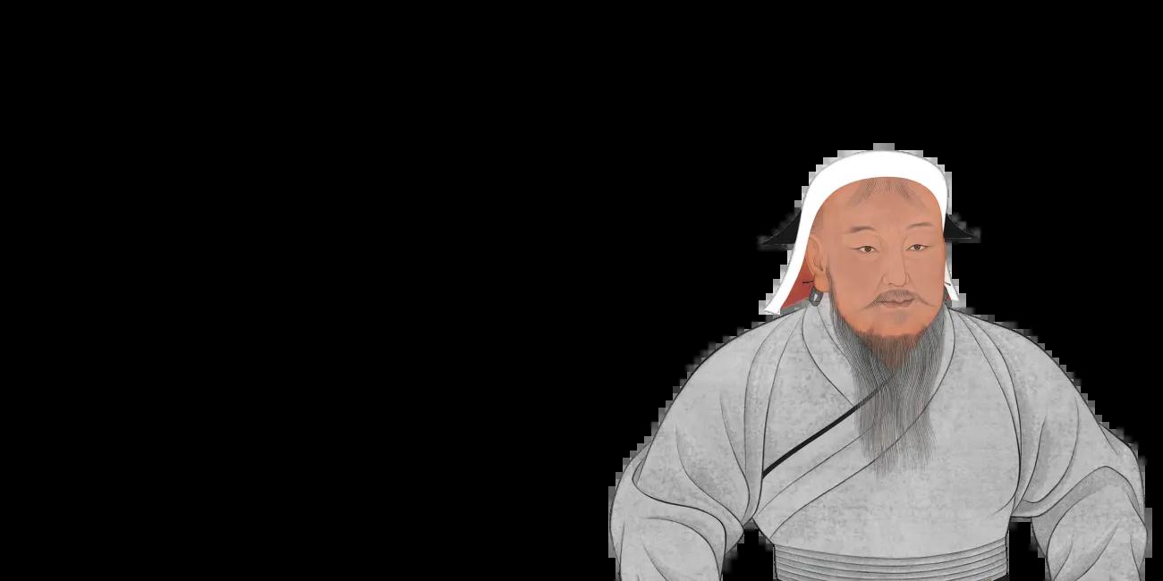 A historical-style drawing of Genghis Khan with a white hair, black pointed adornments on each side of the head, and a lengthy, finely detailed beard. Image credit: Chinggis Khaan, painting on silk. Copy of the original, Palace Museum, Taipei, Taiwan.