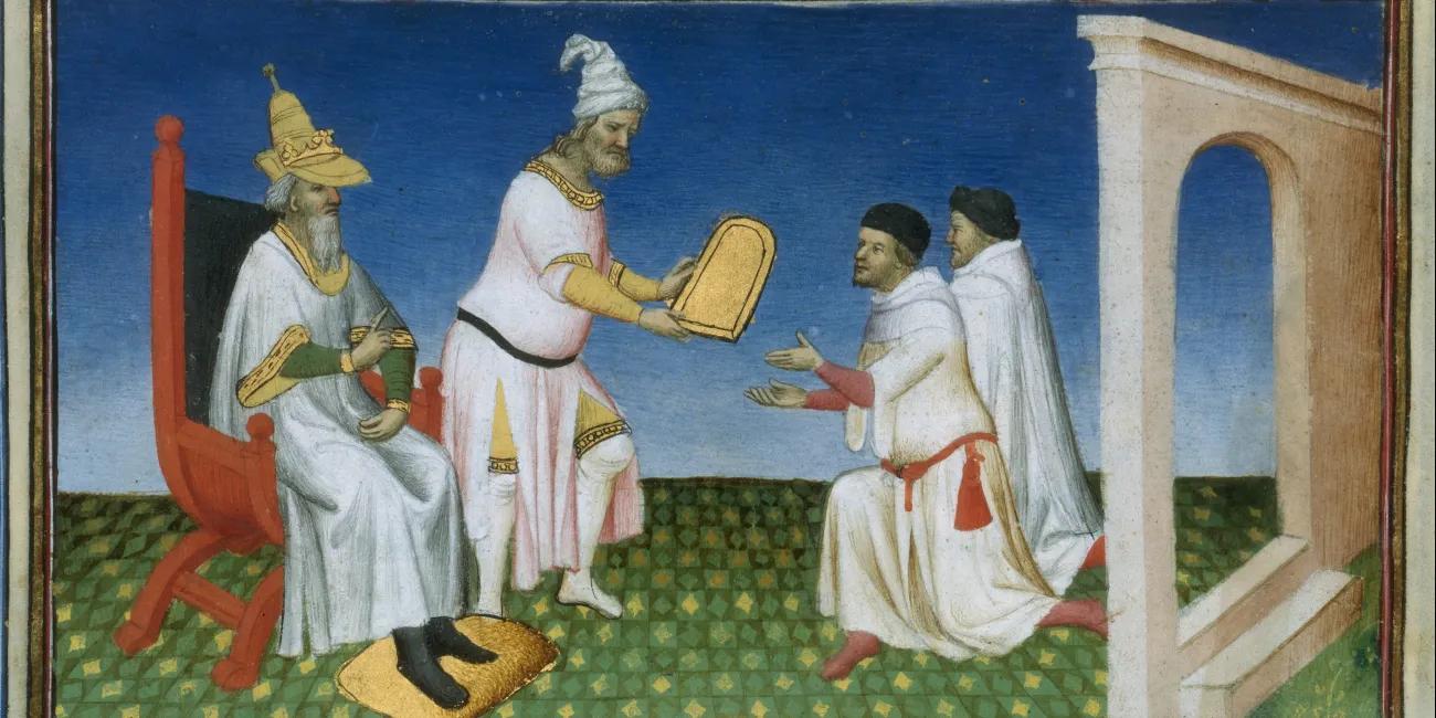 Kublai Khan giving a gold laissez-passer to the Polo brothers. MS BNF Français 2810 f. 3v 