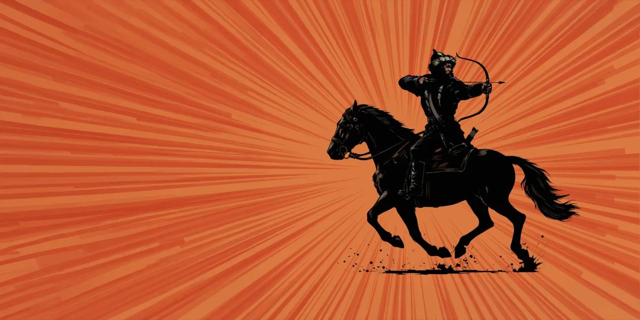 Dynamic black silhouette of horse and Mongolian archer releasing an arrow, with bold orange rays radiating from the centre