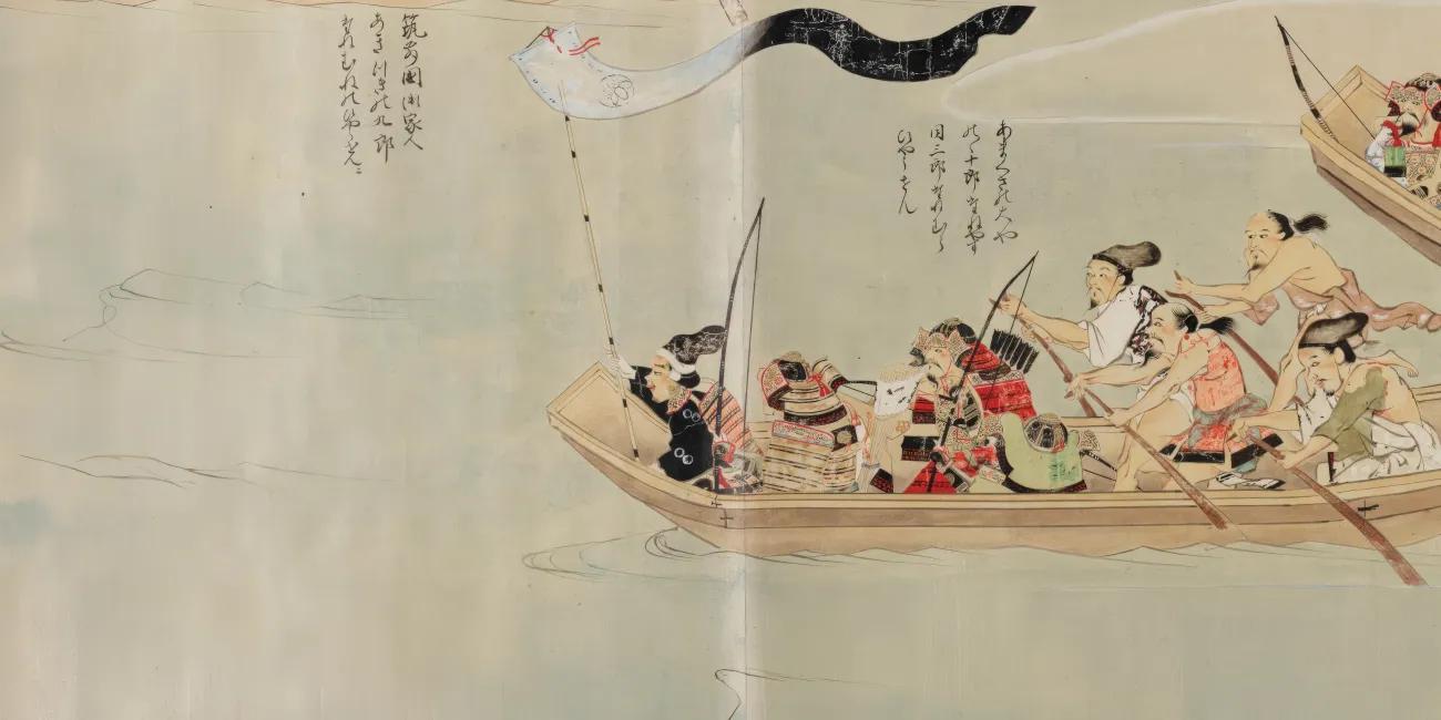 Medieval Japanese narrative handscroll painting, Moko Shurai Ekotoba, depicting samurai warriors in traditional armour navigating a boat during the Mongol invasions of Japan
