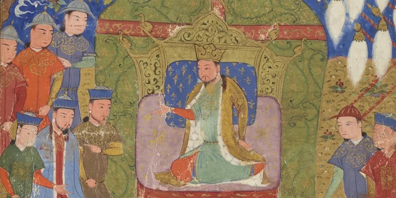 A medieval Persian miniature showing a crowned Mongol emperor enthroned and gesturing to a group of court officials