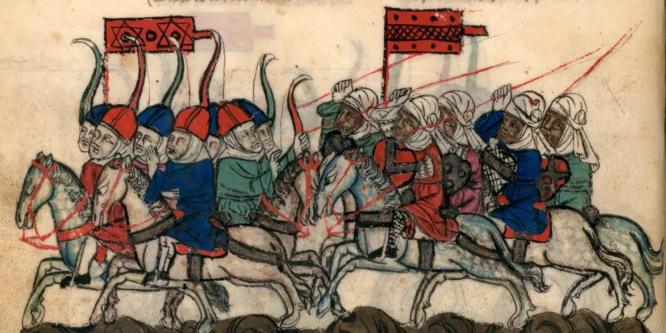 Illustration of Mamluk warriors defeating Mongol warriors 