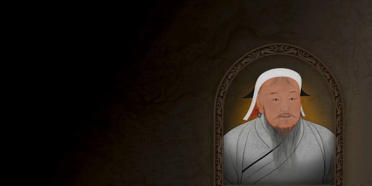 Mongol man in white hat and grey robe set in an arch with a stylised map overlay background