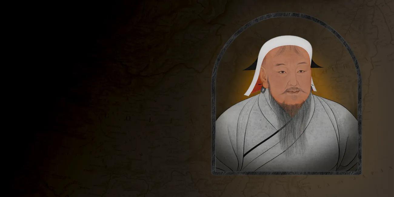 Mongol man in white hat and grey robe set in an arch with a stylised map overlay background