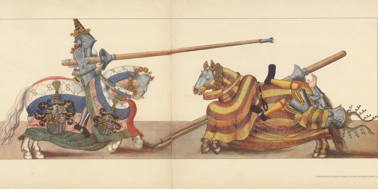 Illustration of two knights in armour jousting - one knight is knocked from his horse
