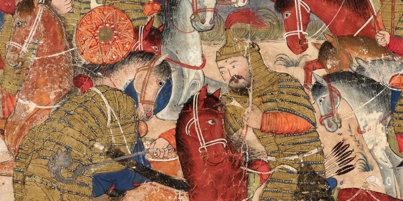 Manuscript illustration of warriors in armour fighting on horseback