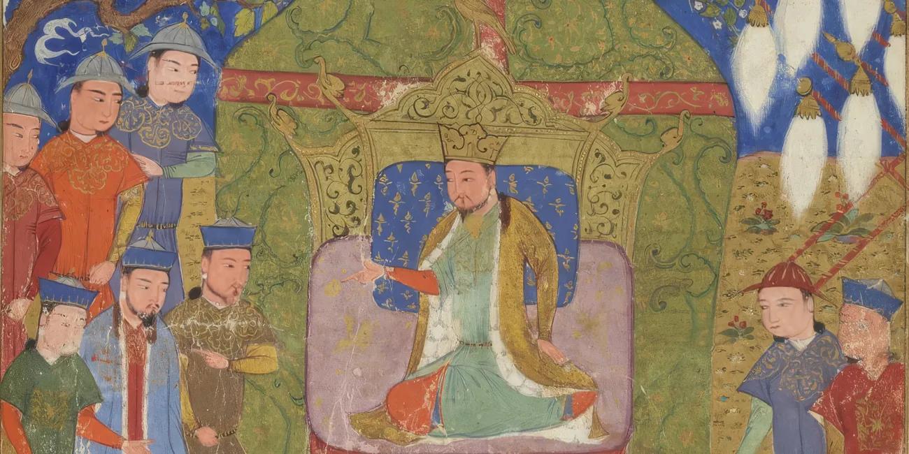 Genghis Khan seated on an ornate throne inside a tent, with family and Court