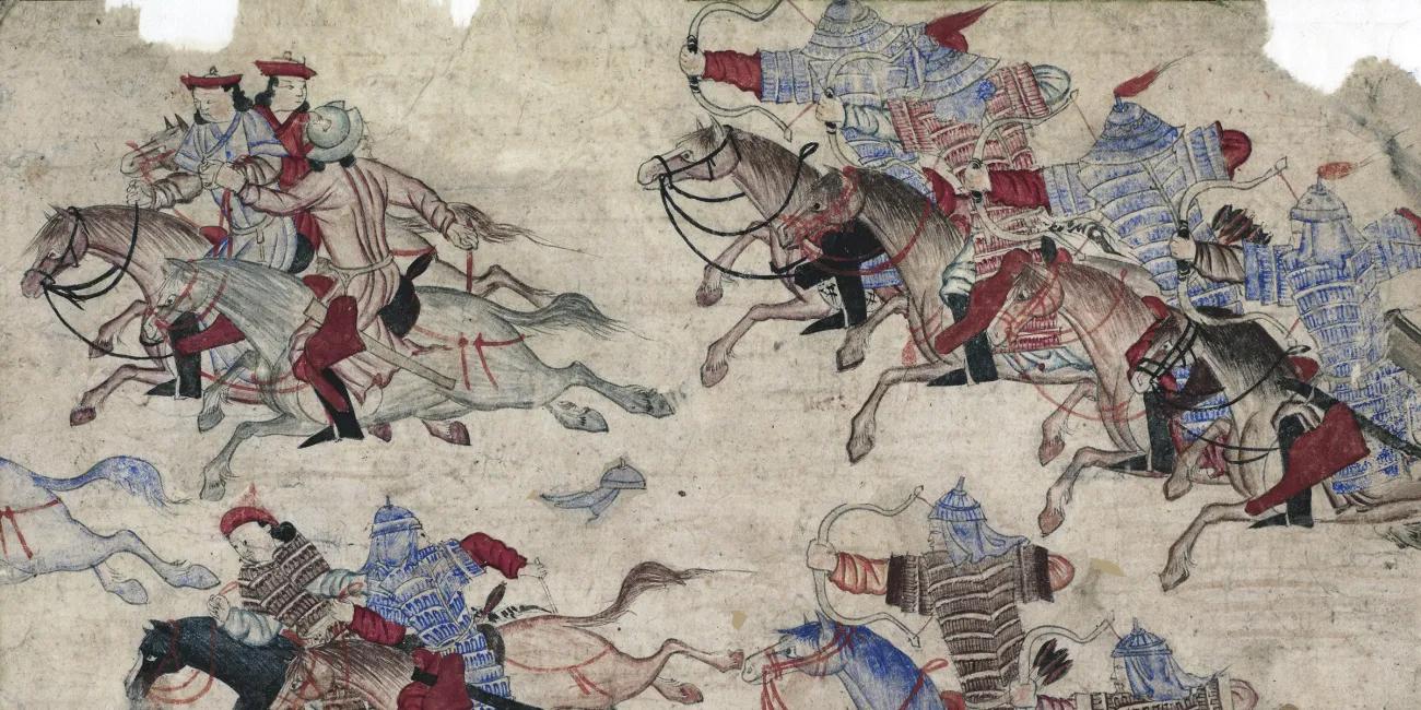 Illustrated Mongol warriors chasing their enemies from the battlefield