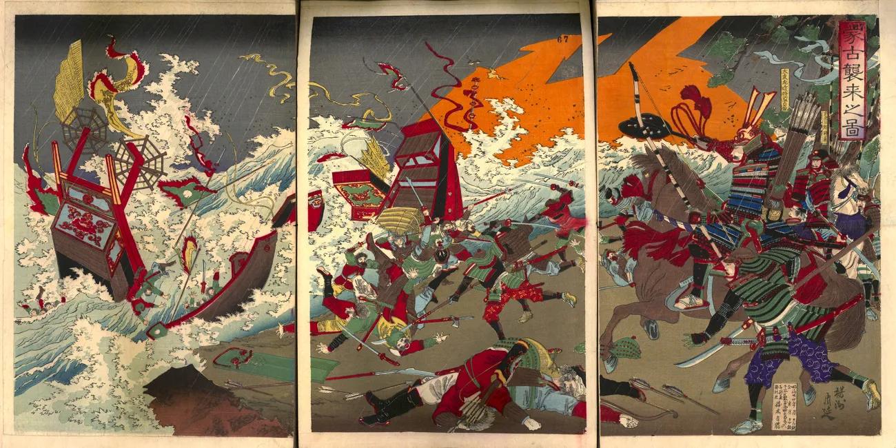 A colour woodblock print across three pages showing the failed invasion of Japan by the Mongols