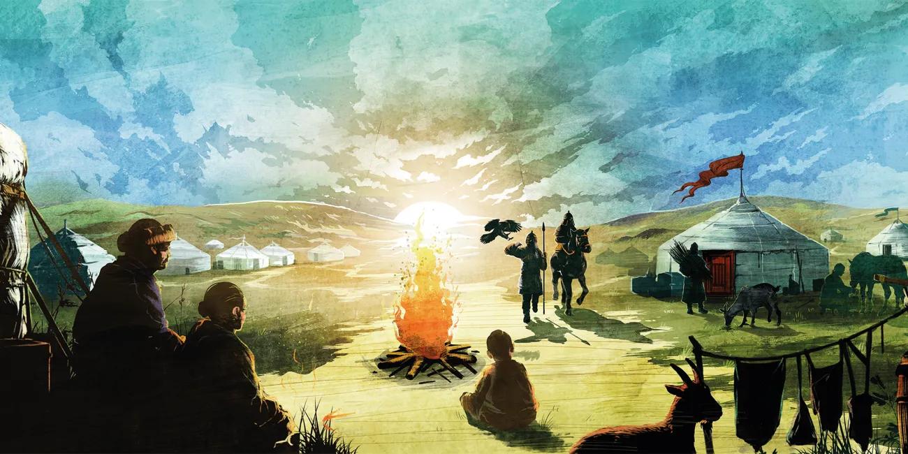 Sunrise over a Mongolian-style camp with tents, people by a fire, horse rider, red flag and grazing animals