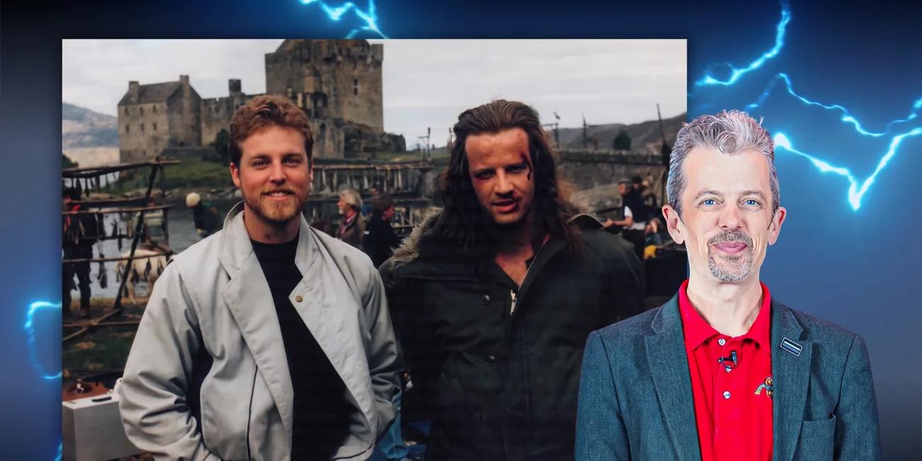 Presenter stands against a blue lightning-themed background beside a vintage snapshot of two people at a castle location