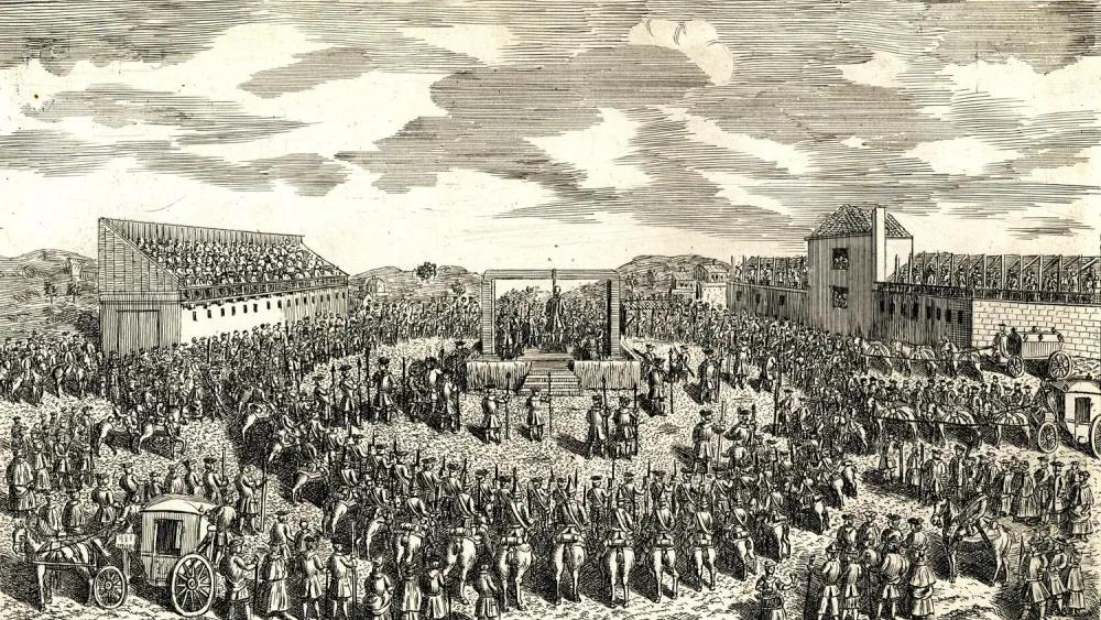 An engraving of a gathering of people around a scaffold on which people are being executed