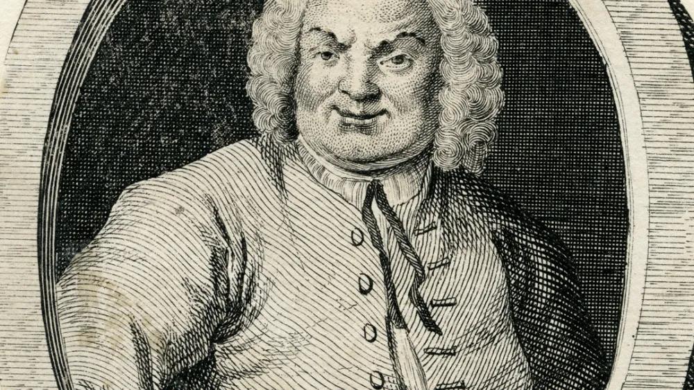 An engraving of a larger gentlemen in a white mid 18th century wig and suit