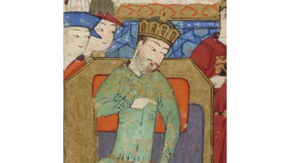Historic manuscript illustration of a crowned person on a throne, framed by attendants and decorative blue panels