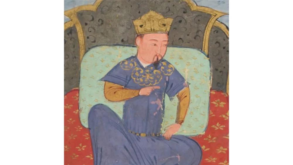 Historic painted court scene showing a crowned seated figure in blue garments, resting one hand on a knee