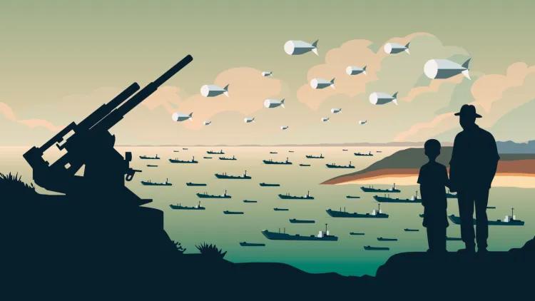 Silhouettes of man and boy standing on cliff top beside an artillery gun looking over a fleet of ships in a bay and barrage balloons above
