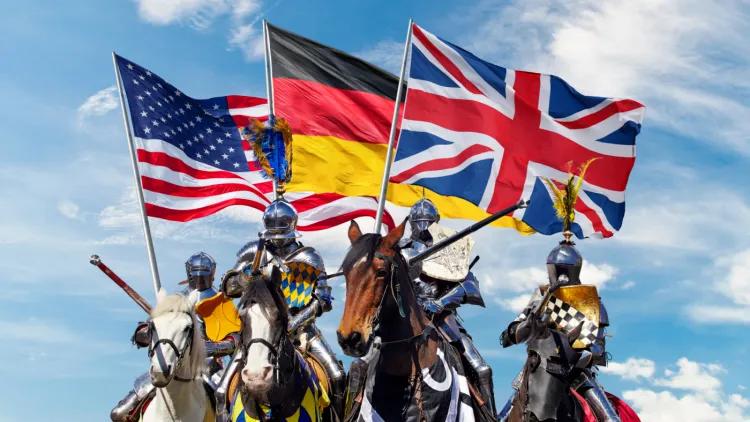 Four mounted knights with flags of USA, Germany and UK