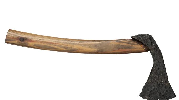 A weathered iron axe head with a rough, uneven surface fixed to a smooth, knot-marked wooden handle