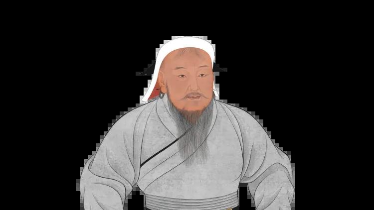 A historical-style drawing depicting Genghis Khan with white hair, black pointed adornments on each side of the head, and a lengthy, finely detailed beard. Image credit: Chinggis Khaan, painting on silk. Copy of the original, Palace Museum, Taipei, Taiwan.