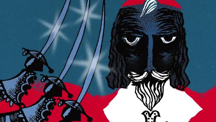 Bold graphic depicting a central character with exaggerated, textured facial features and a feathered cap, set against a blue backdrop with several curved swords raised on the left