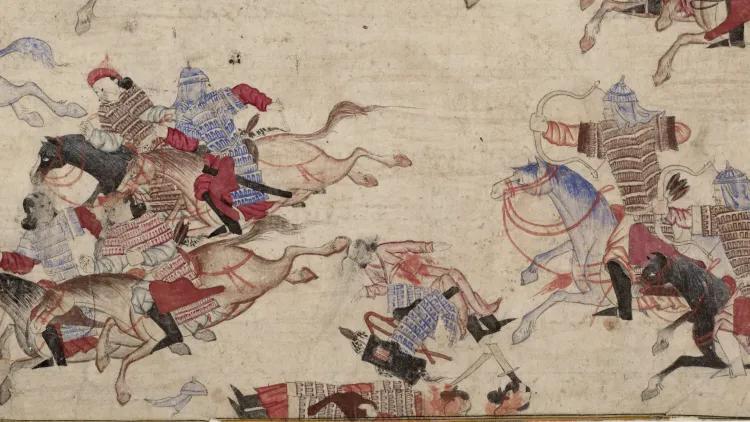 Illustration of Mongolian warriors in battle showing armoured riders on horseback charging with lances, with fallen horses and figures beneath, arranged across a long horizontal parchment background